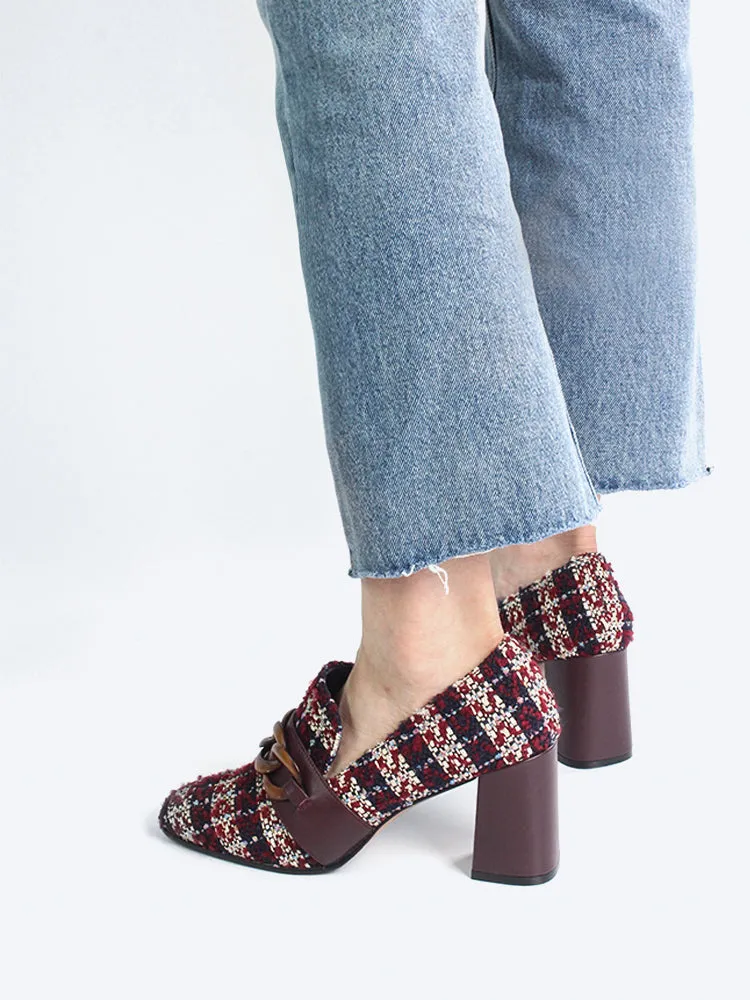 LUXE SEVEN DESIGN SQUARE TOE BLOCK HEELED SHOE WITH CHAIN DETAIL